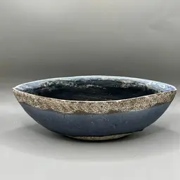Raku Crackle Glaze Art Pottery Bowl Purple/Blue Glaze Boat Shaped Planter 11”