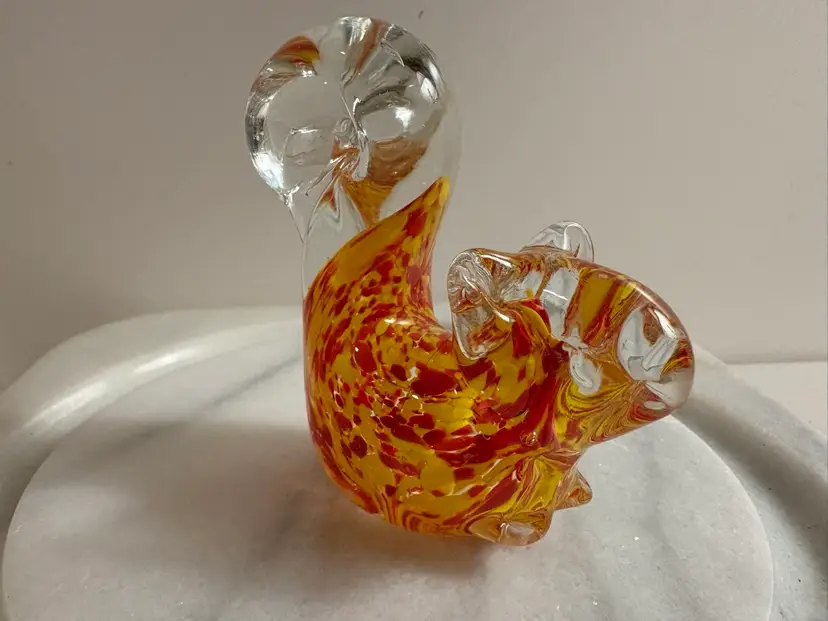 Squirrel Figurine Confetti Art glass Yellow/Orange Paperweight Figurine 3"