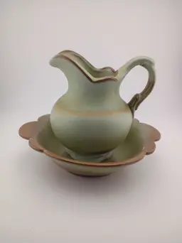 Frankoma Prairie Green pottery pitcher and bowl