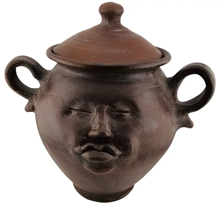 Folk Art Face Pottery Jar Modern No Markings Rustic Abstract