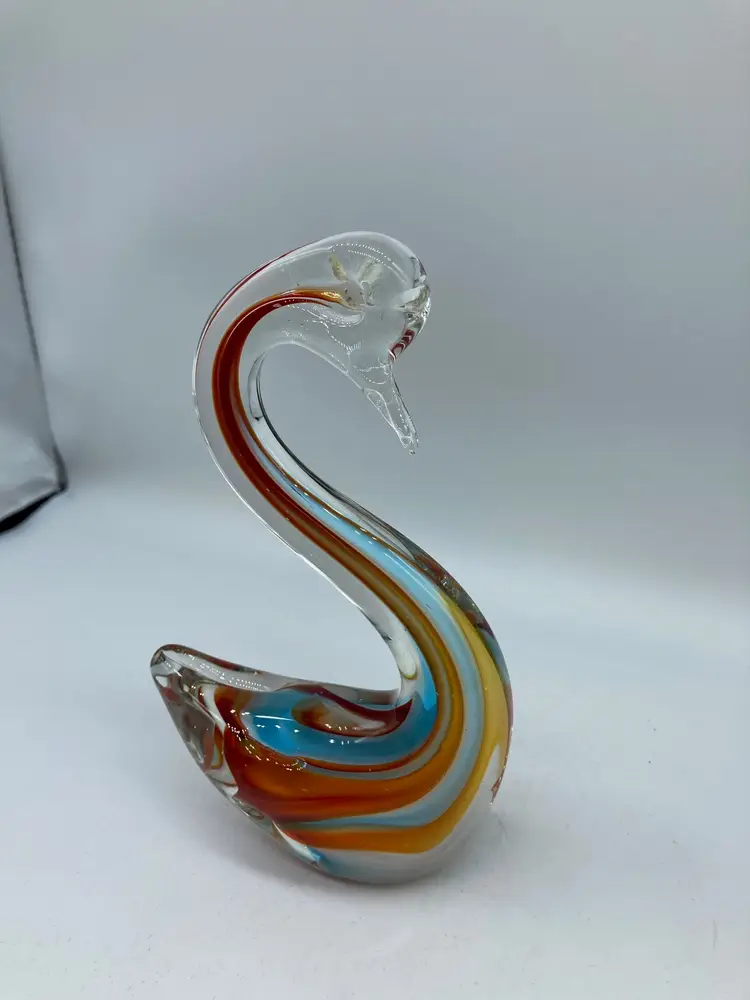 Vintage Art Glass Swan Figurine with Encased Orange and Blue
