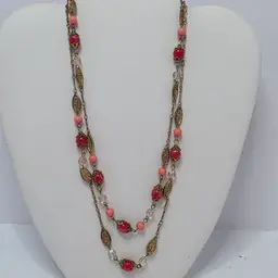 #01 Vintage Double Strand 16"Gold Tone Necklace with Orange and Coral Colored Glass Beads