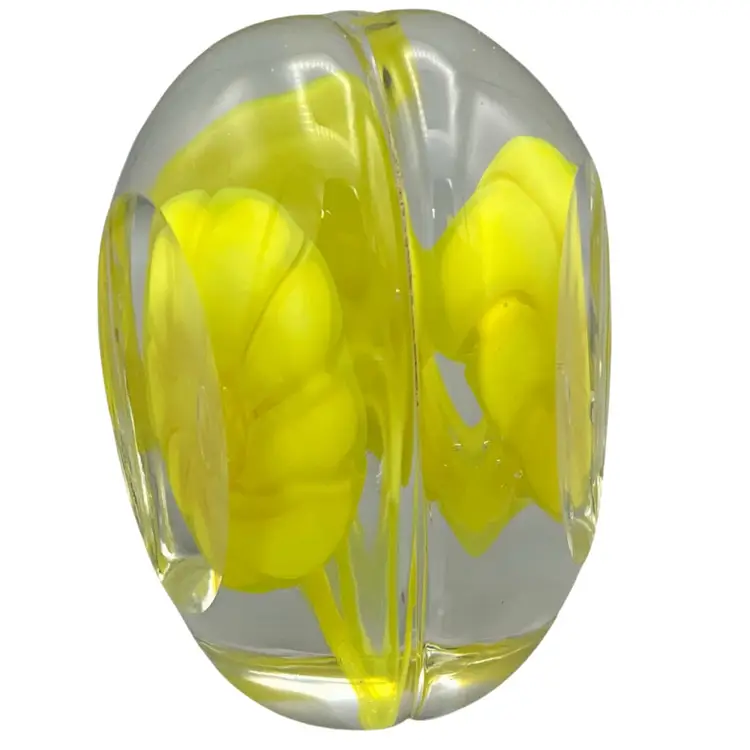 Vintage Hand Blown Glass Yellow Flower Paperweight 4”x 3”