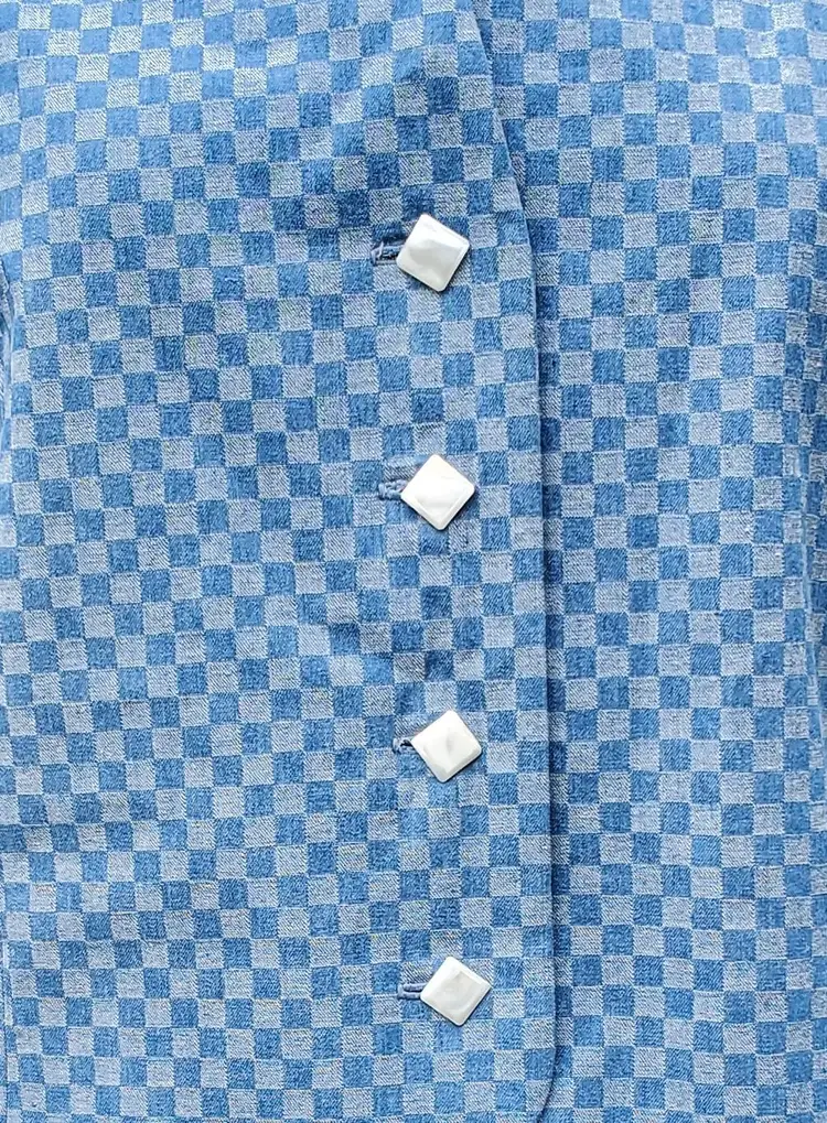 1980s Jerry Skupa Chambray, Checkered, Suit Jacket With Keyhole Cutout, Pearlescent Buttons, Matching Pants