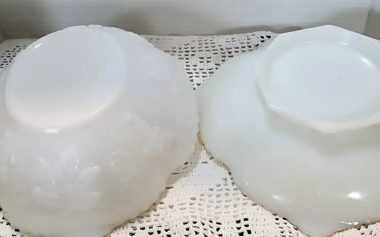 2 Milk Glass Fruit Bowls with Grape Pattern Embossed and Gold Gild.