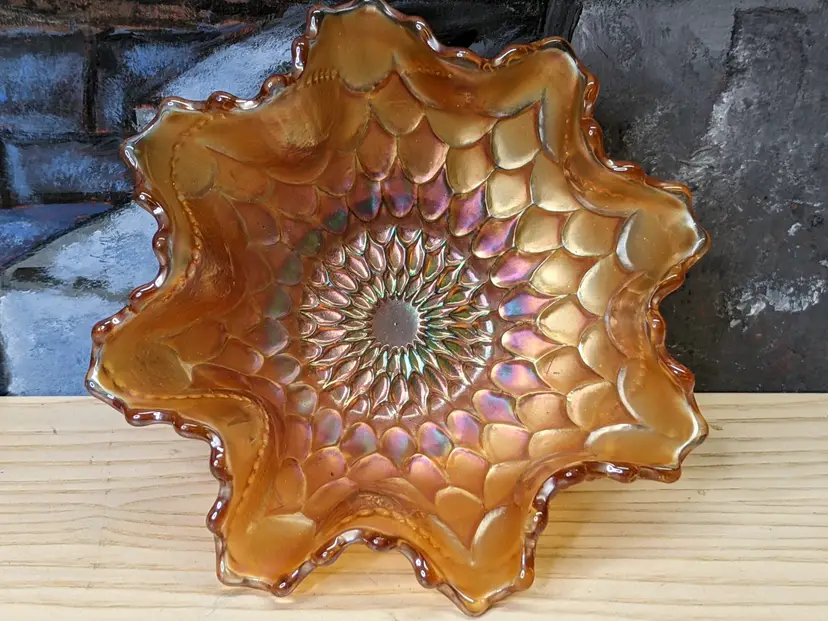 Marigold Carnival Glass Fluted Fish Scale And Beads 6” Bowl Candy Dish Dugan Antique Ruffle Edge Holiday Table