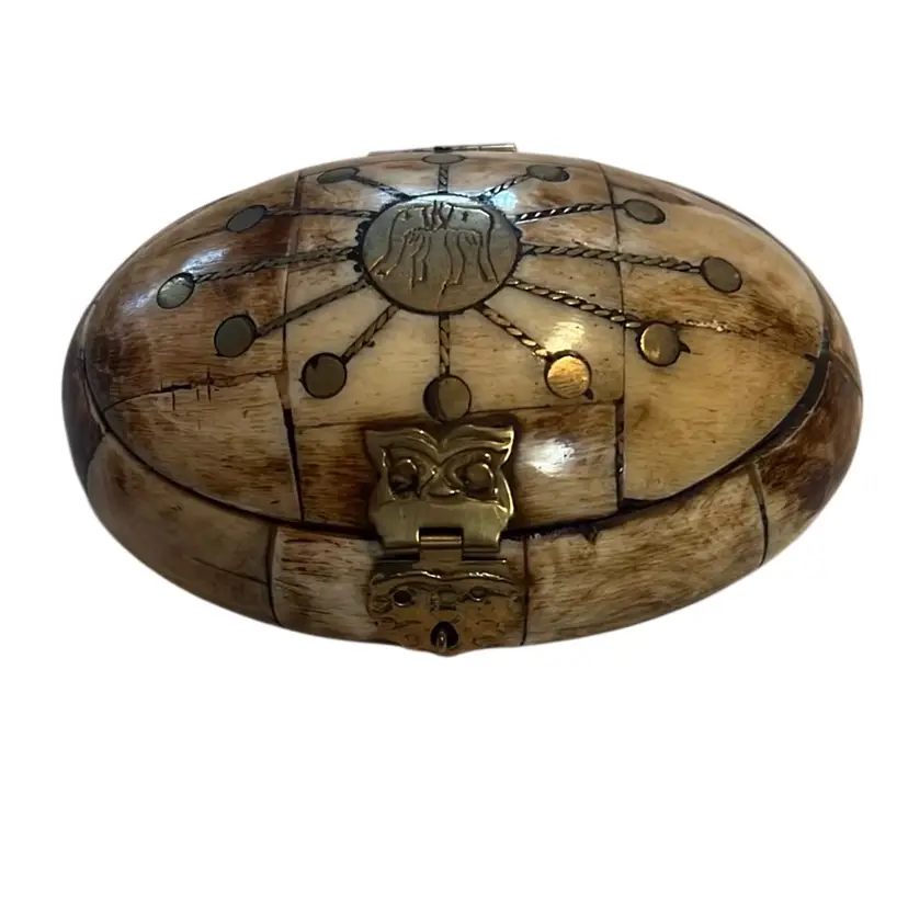 Vintage Oval Camel Bone Trinket Box With Brass Inlay