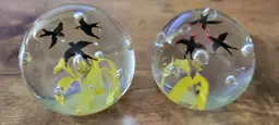 Set of 2 - Flying Birds circle yellow flower glass paperweights