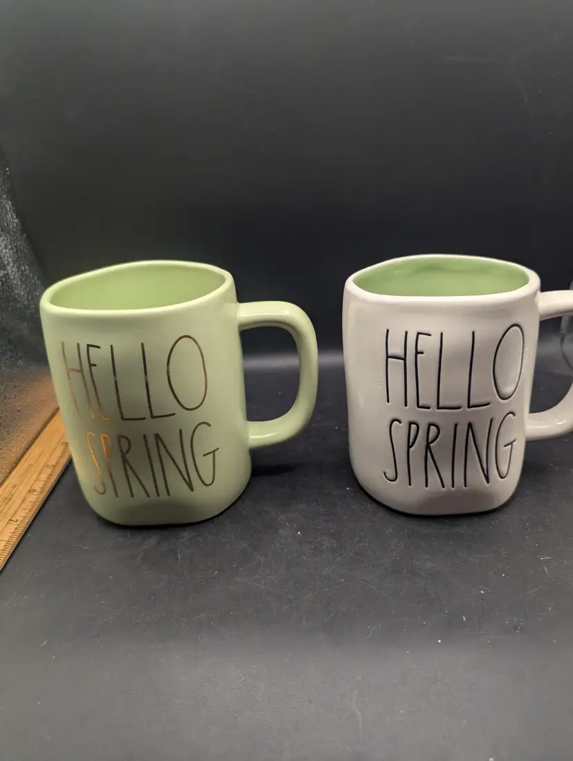 Lot Of 2 "Hello Spring" Rae Dunn Mugs Green And White.