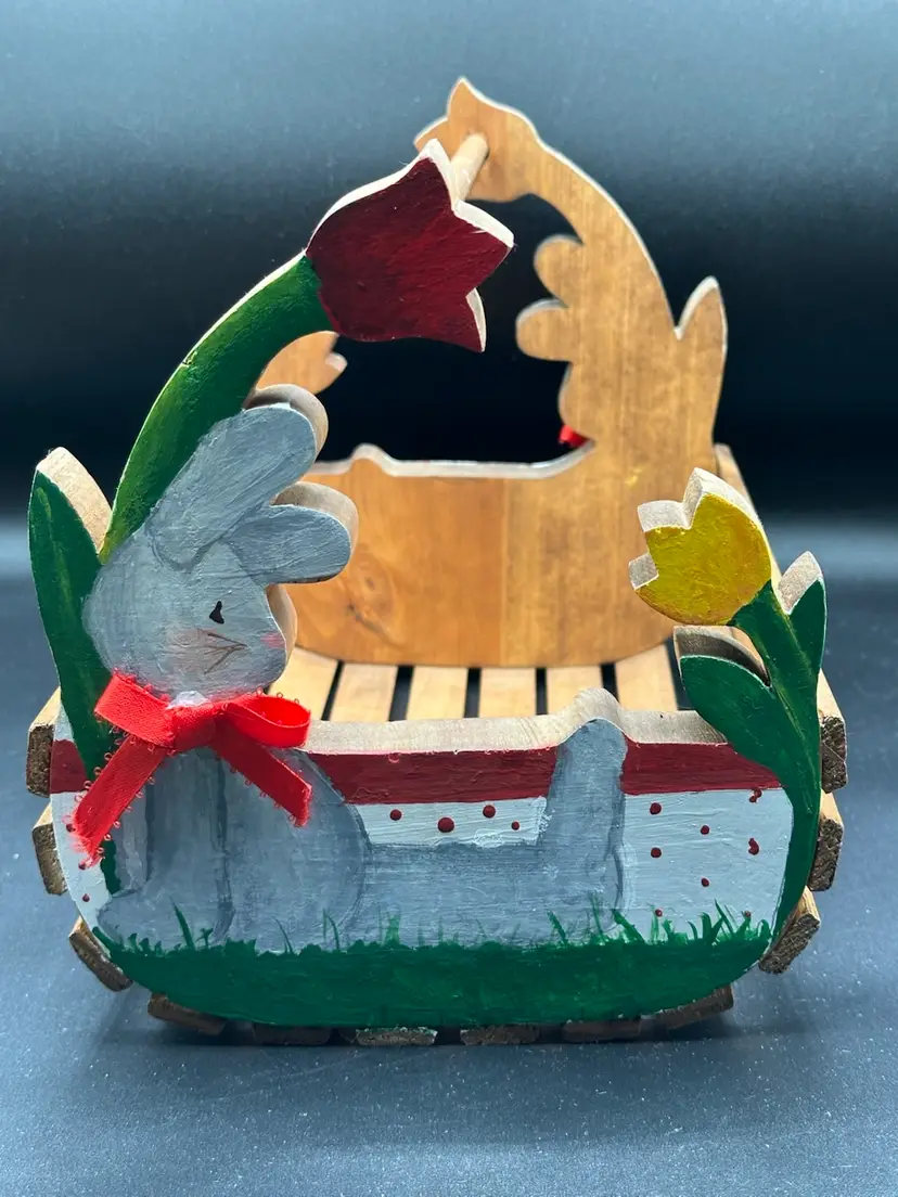 Vintage Hand Painted Rabbit Basket: Wooden Slat Tote, Folk Art Decor