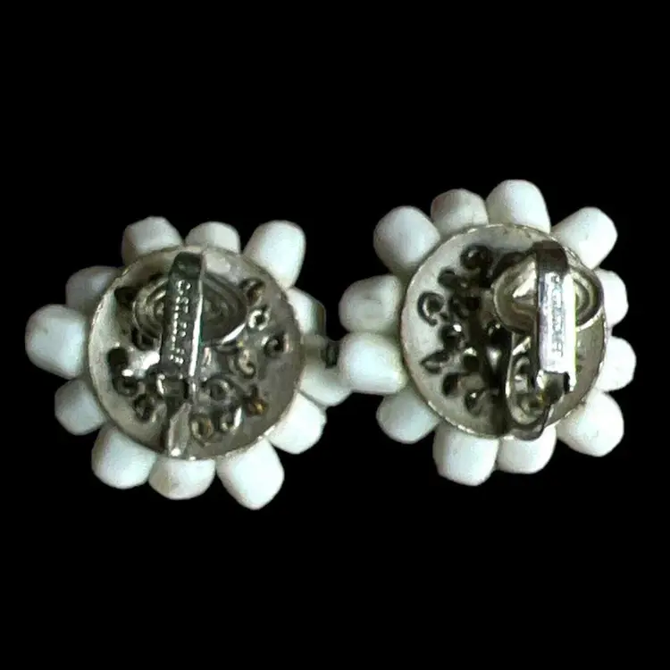 MCM  Castlecliff Vintage White Beaded 50s Clip On Earrings Pinup Style 1"