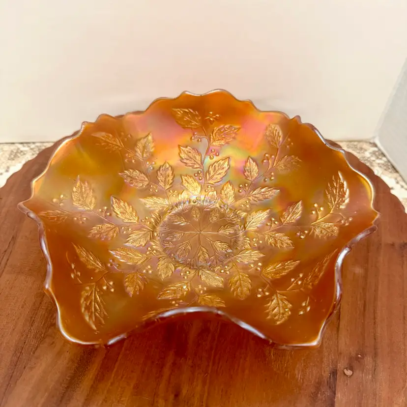 Antique Fenton Iridescent Marigold Carnival Glass Holly & Berries Bowl
