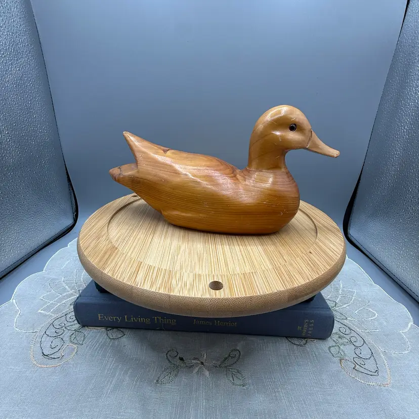 Vintage Hand-Carved Solid Wood Duck Figurine Polished Finish 8.5”x4”