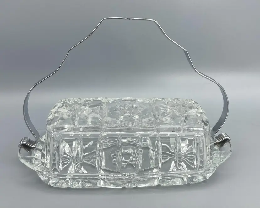 Vintage Anchor Hocking Butter Dish w/Lid & Handle Star of David Clear Pressed Glass
