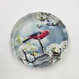 Faceted Crystal Glass & Red Bird Paperweight