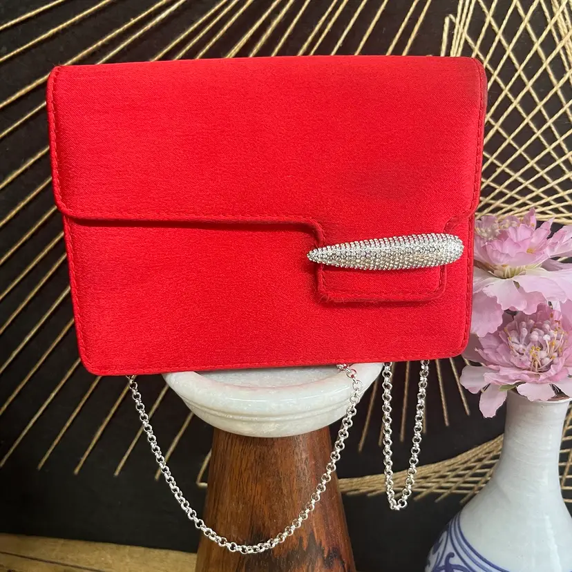 Red Swarovski Purse With Silver Tone Metal Chain, Red Cloth With Sparkle Tooth Clasp Swarovski Clutch, Vintage Swarovski Purse, Glam Accessories