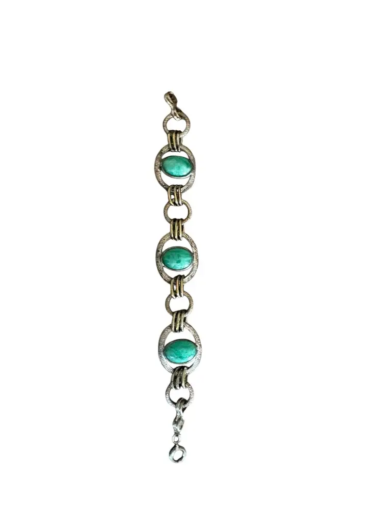 Vintage  Silver tone and Green stone Cabochon Link Bracelet