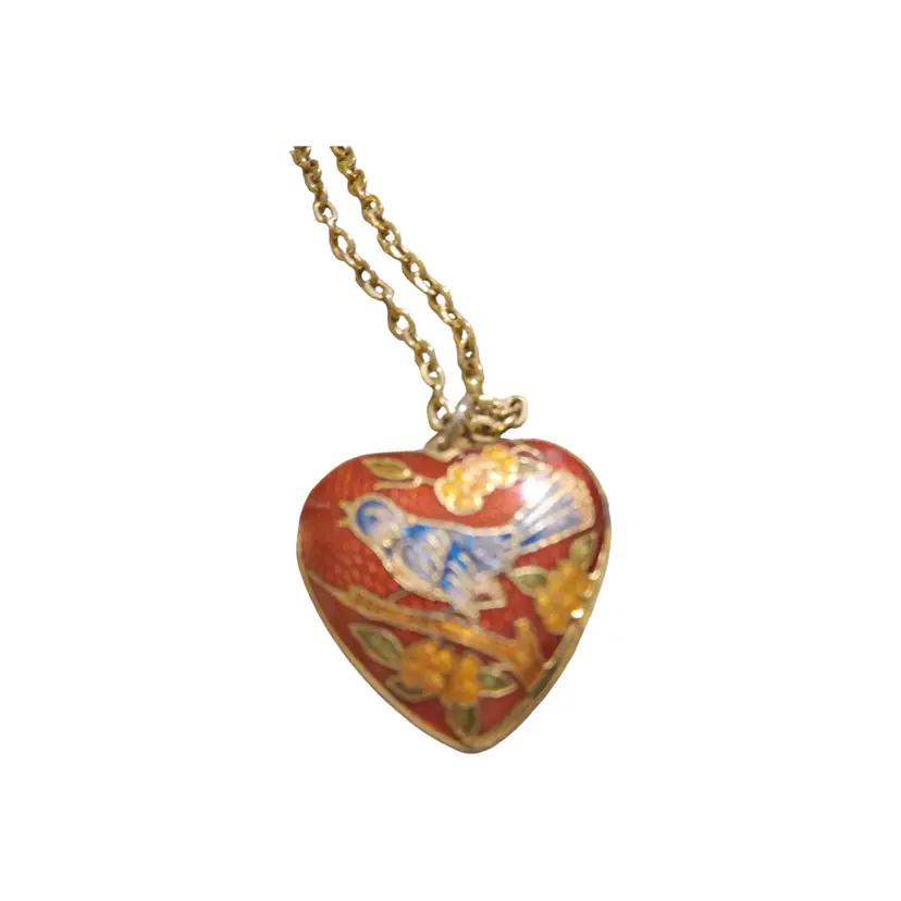 Cloisonne Bird Red Heart Pendant With Goldtone Chain 18"
