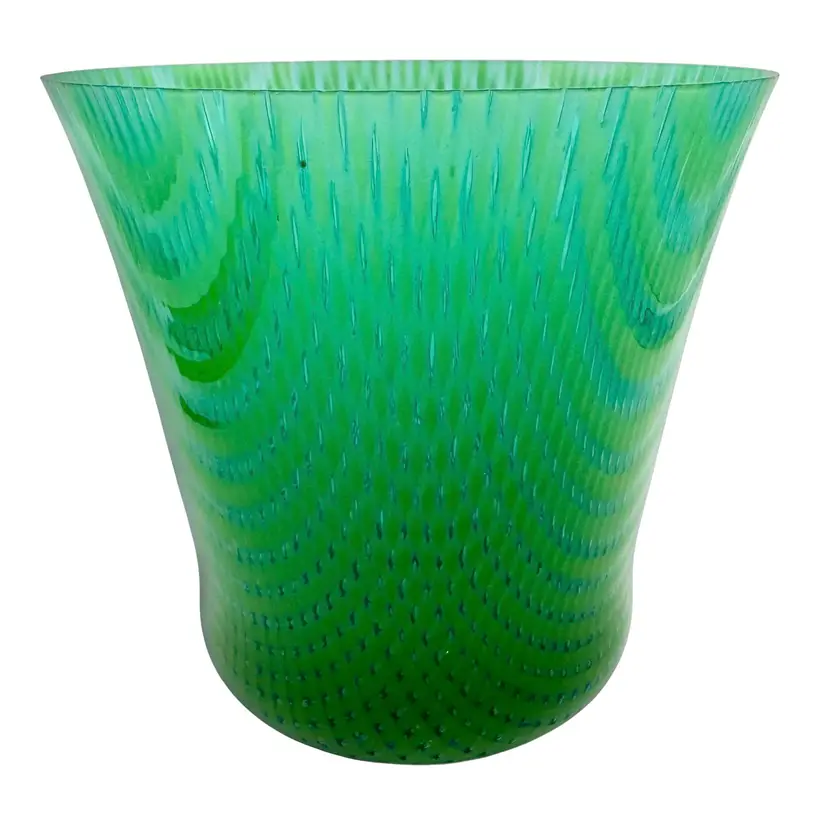Janet Neuburg Studio Fused Art Glass Vase Bowl Green Blue Lattice Bubble 5.25”