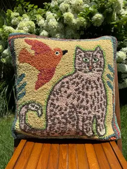 NEW Hand hooked wool pillow cat & bird 18x18 large decorative pillow