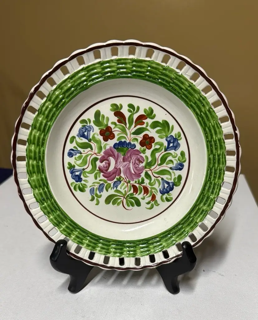 Glamorgan-Swansea Pottery Welsh Floral Pearlware Ribbon Plate 1800-1899, 7 5/8”