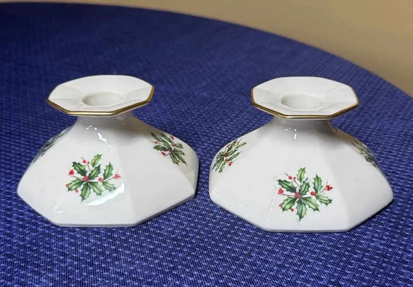Lenox Holiday Candle Holders Holly Berry Gold Trim SPECIAL Made in USA 1970s