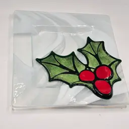 Jan mitchell glass plate Trinket Dish Christmas Holly Berry Signed