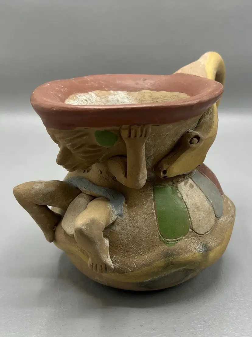 Vintage Pre-Columbian Style Folk Art Pottery Vessel Figural Tribal Ceramic Jug 4"