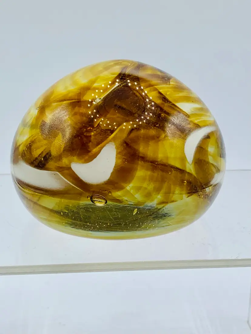 Red Key brand Signed paperweight Art Glass Gold, Brown and White Swirls heavy