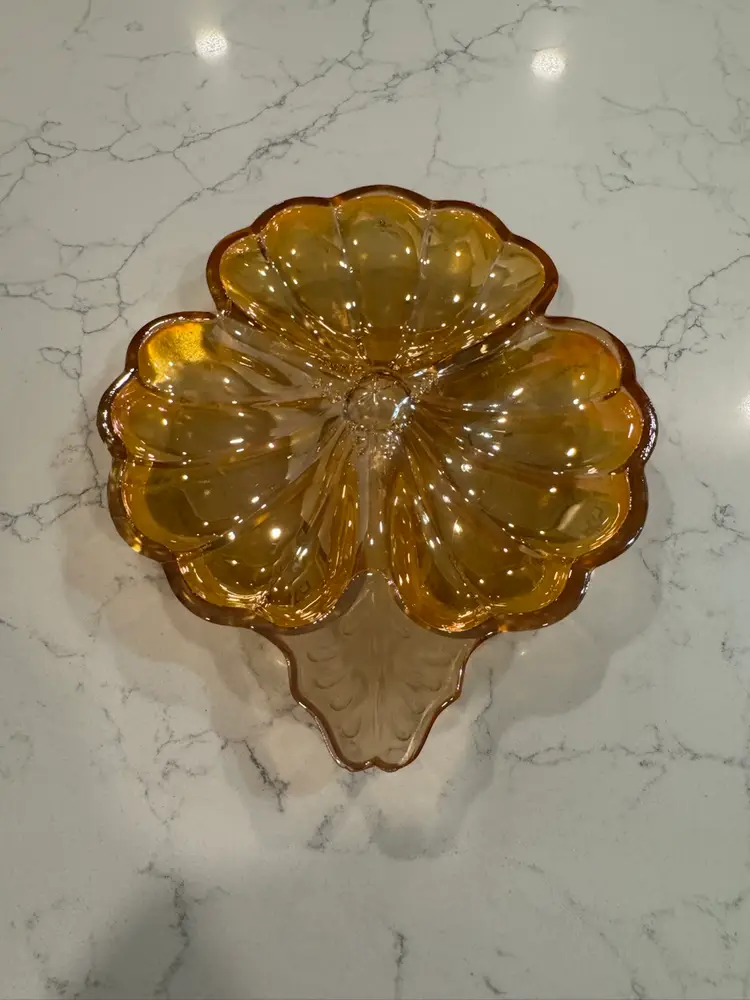 Vintage Jeannette Marigold Carnival Glass Clover Leaf Divided Candy Dish