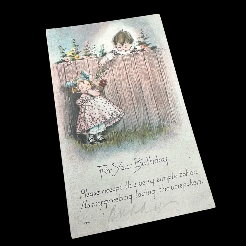 “For Your Birthday” Sweet Little Girl Gets Rose Antique Postcard, Unmarked, Unposted
