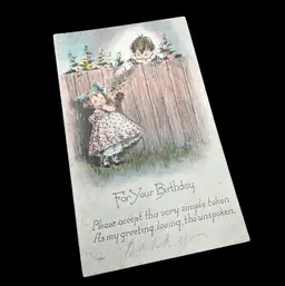 “For Your Birthday” Sweet Little Girl Gets Rose Antique Postcard, Unmarked, Unposted