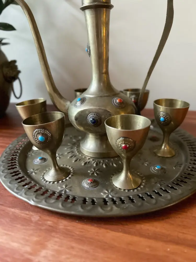 Vintage Decorative Brass Tea Pot Pitcher Goblet Tray Set