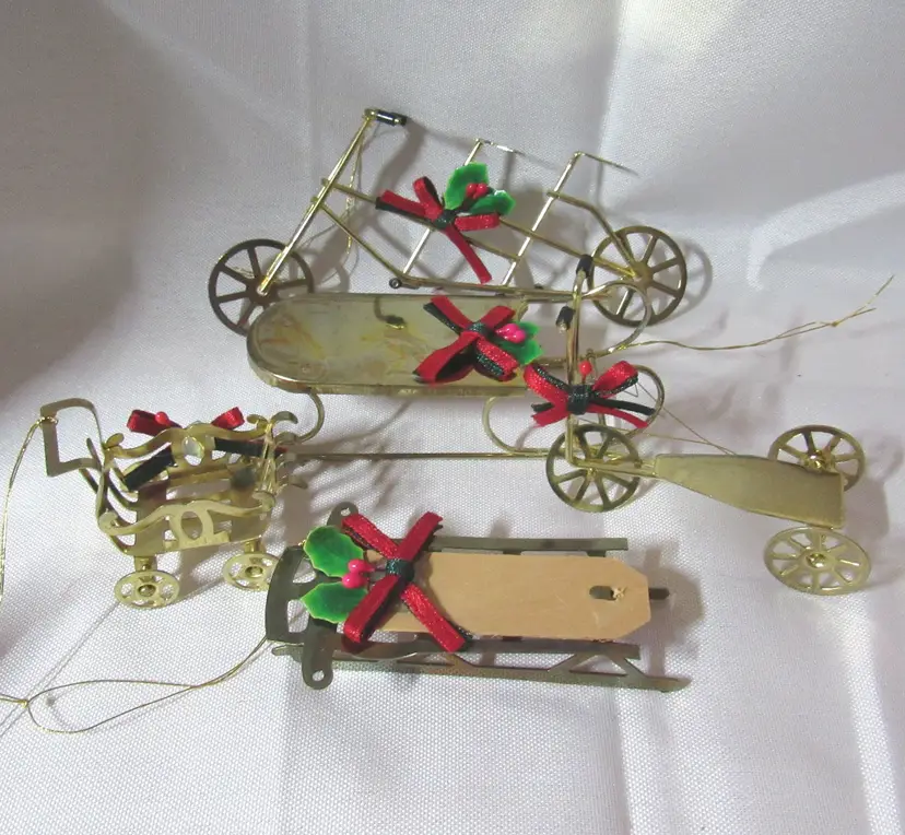 Set of 5 Vtg Brass Christmas Ornaments - Tandem Bike/Sled/Sled w/Wood/Scooter/Baby Carriage