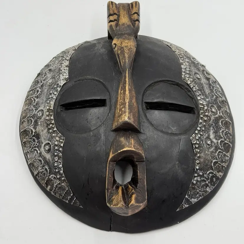 African Tribal Art Mask With Bird Totem Ghana Hand Carved Wood & Hammered Metal