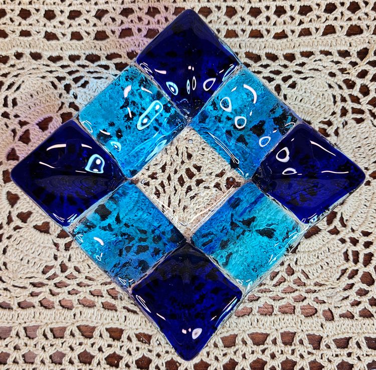 Brilliant Checkered Blue Fused Glass Art Plate Trinket Dish Square  4.5"