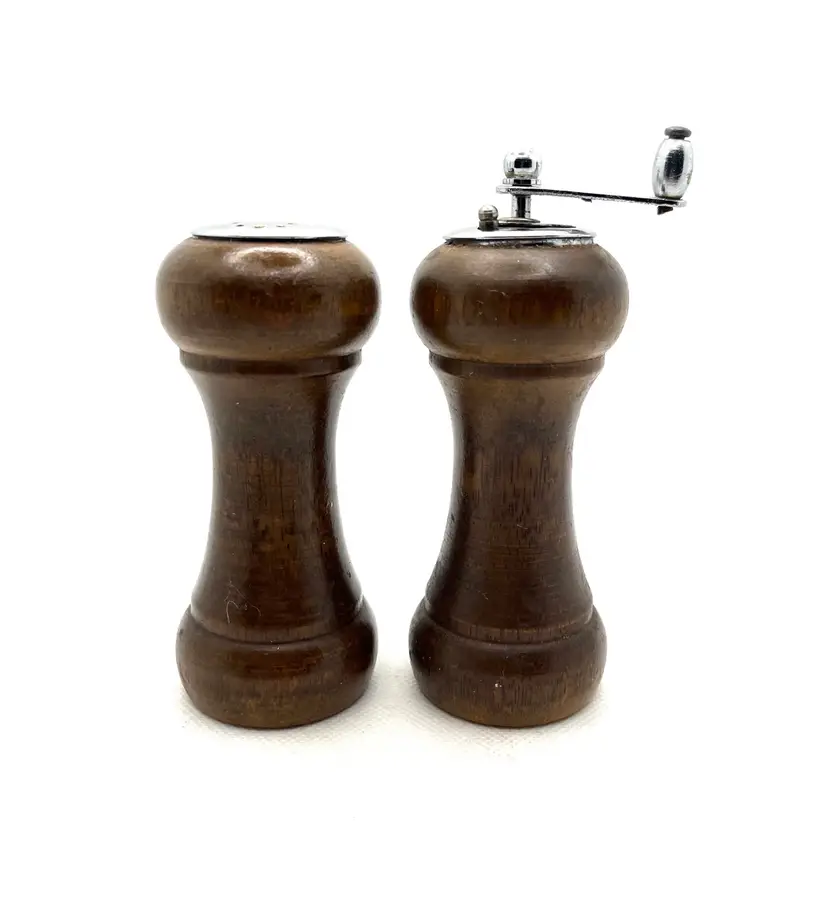 Vintage Dark Wood And Metal Small Salt Shaker & Pepper Grinder Set MCM 4.25”