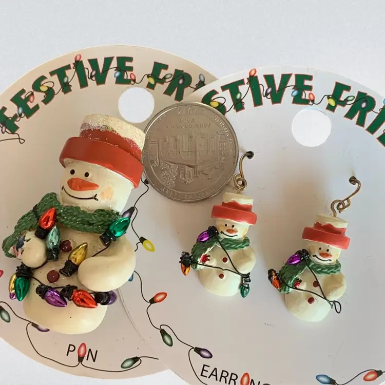 New Old Stock Snowman Pin And Matching Pierced Earrings
