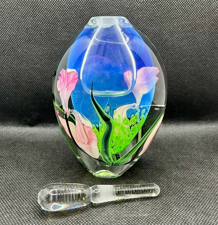 Richard Satava signed studio art glass perfume bottle pink irises Clear Stopper , Paperweight
