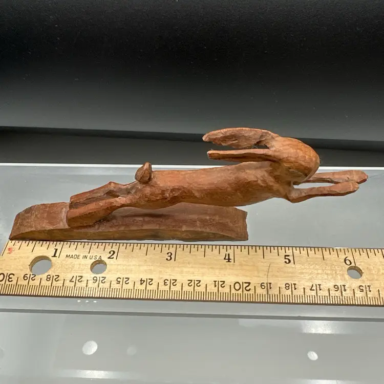 Signed Vintage Folk Art Carved Wood Leaping Bunny Figurine