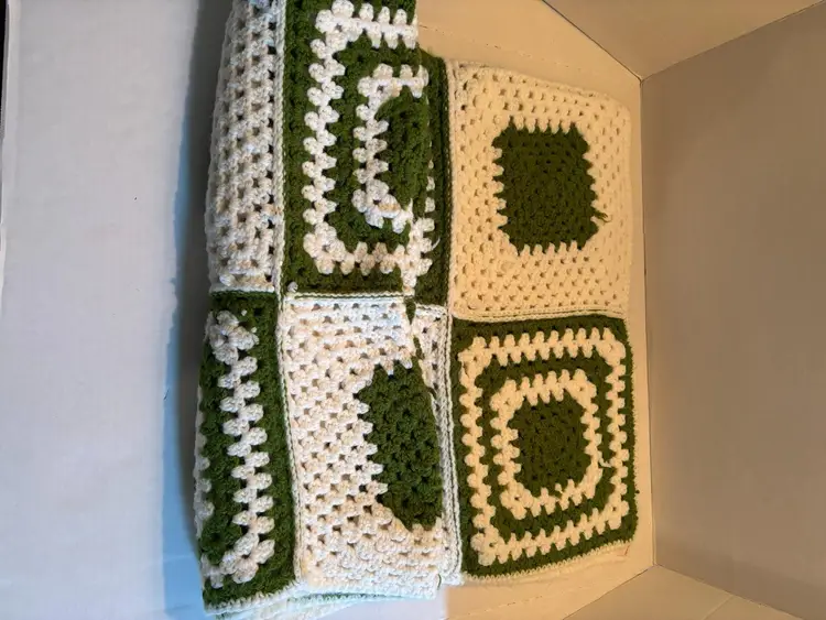 Hand Made Crocheted Throw Blanket Green and White Squares 39inches X 53inches