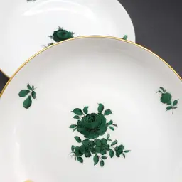 Pair Of Wien Augarten Vienna Small Plates, Maria Theresa Green Roses, Gold Trim, Trinket