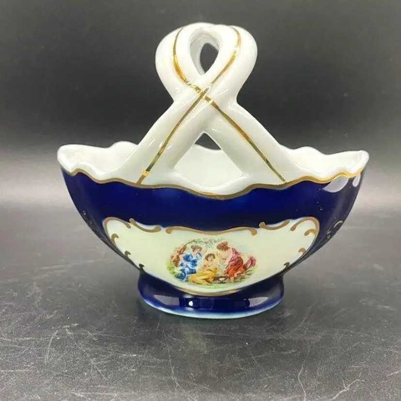 MZ Czech Republic Cobalt Blue Floral Handled Candy Trinket Bowl Dish Basket