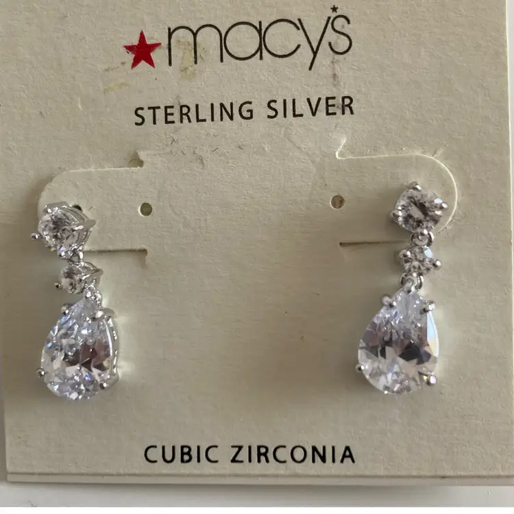 NOS Sterling Silver Cubic Zirconia Teardrop Earrings