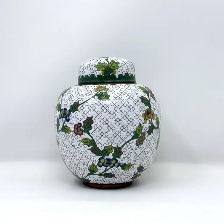 Floral Cloisonné Ginger Jar With Lid – White Enamel Chinese Vase 7.5"  (0328-25)