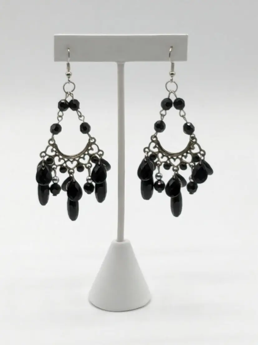 Silver Tone Black Acrylic Beaded Dangle Drop Earrings