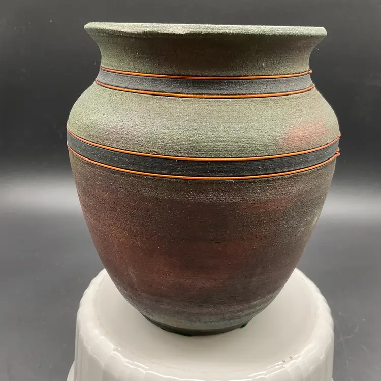 Handcrafted Ceramic Raku Vase With Earthy Tones & Brass Wire Signed Collis G '97