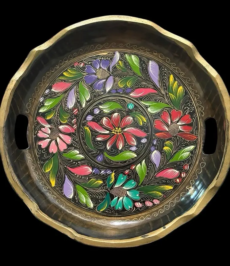 Vintage Mexican Batea Hand Painted Wooden Tray Bowl Floral Folk Art - 13 Inch