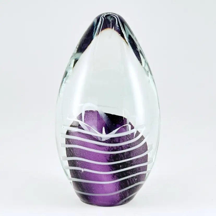 Robert Eickholt? Vintage Hand-Blown Art Glass Egg Paperweight, Purple & White Striped Lines with Bubbles