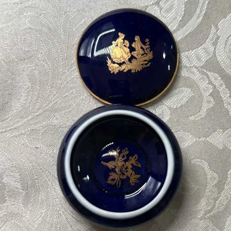 FM Limoges France Cobalt Blue “The Proposal” Trinket Dish